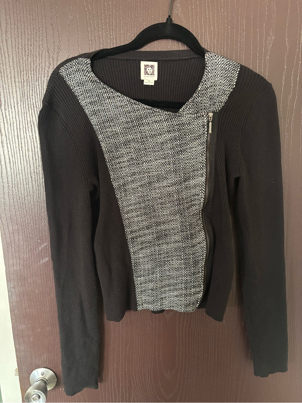 Anne Klein Black Sweater Jacket with Gray Front Panel